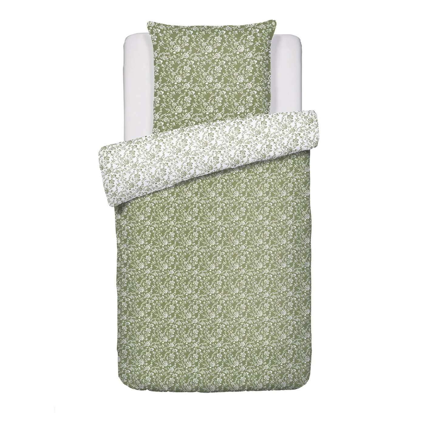Housse De Couette + Taies D'Oreiller Satin De Coton - Vert - Parterre De Roses - Image 5