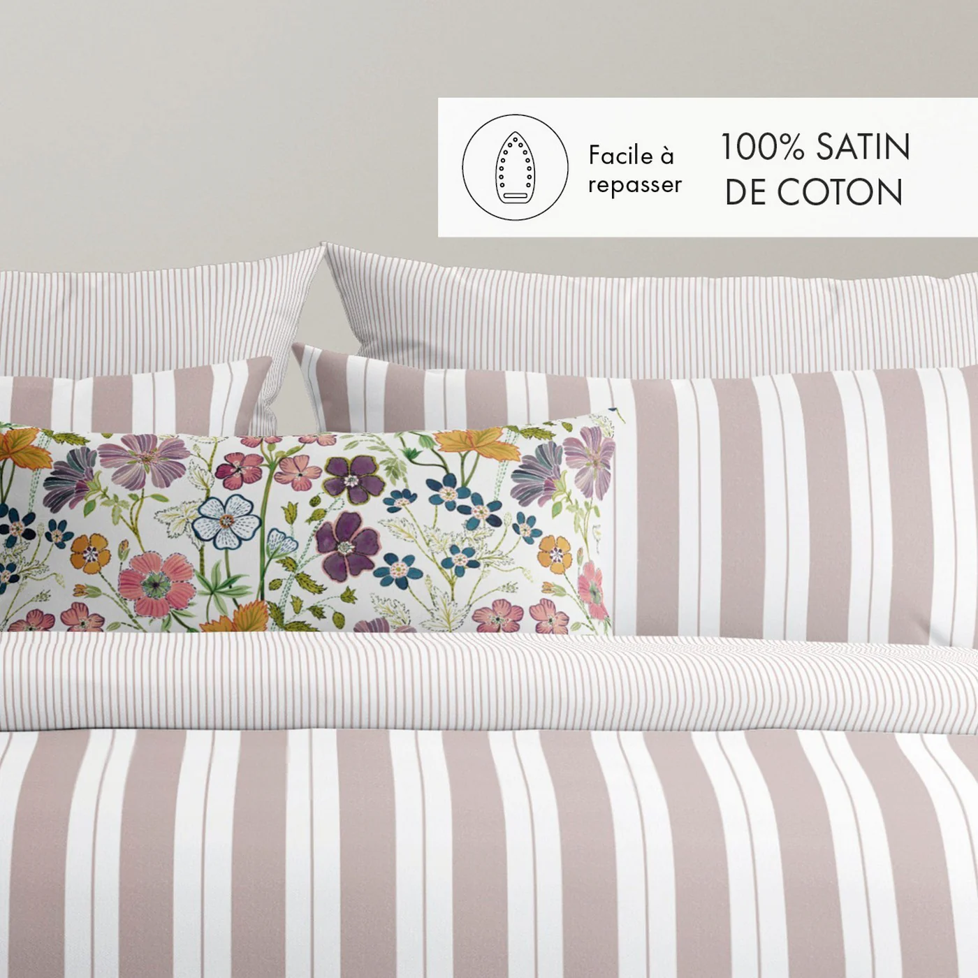 Housse De Couette + Taies D'Oreiller Satin De Coton - Vieux Rose - Noémie - Image 2