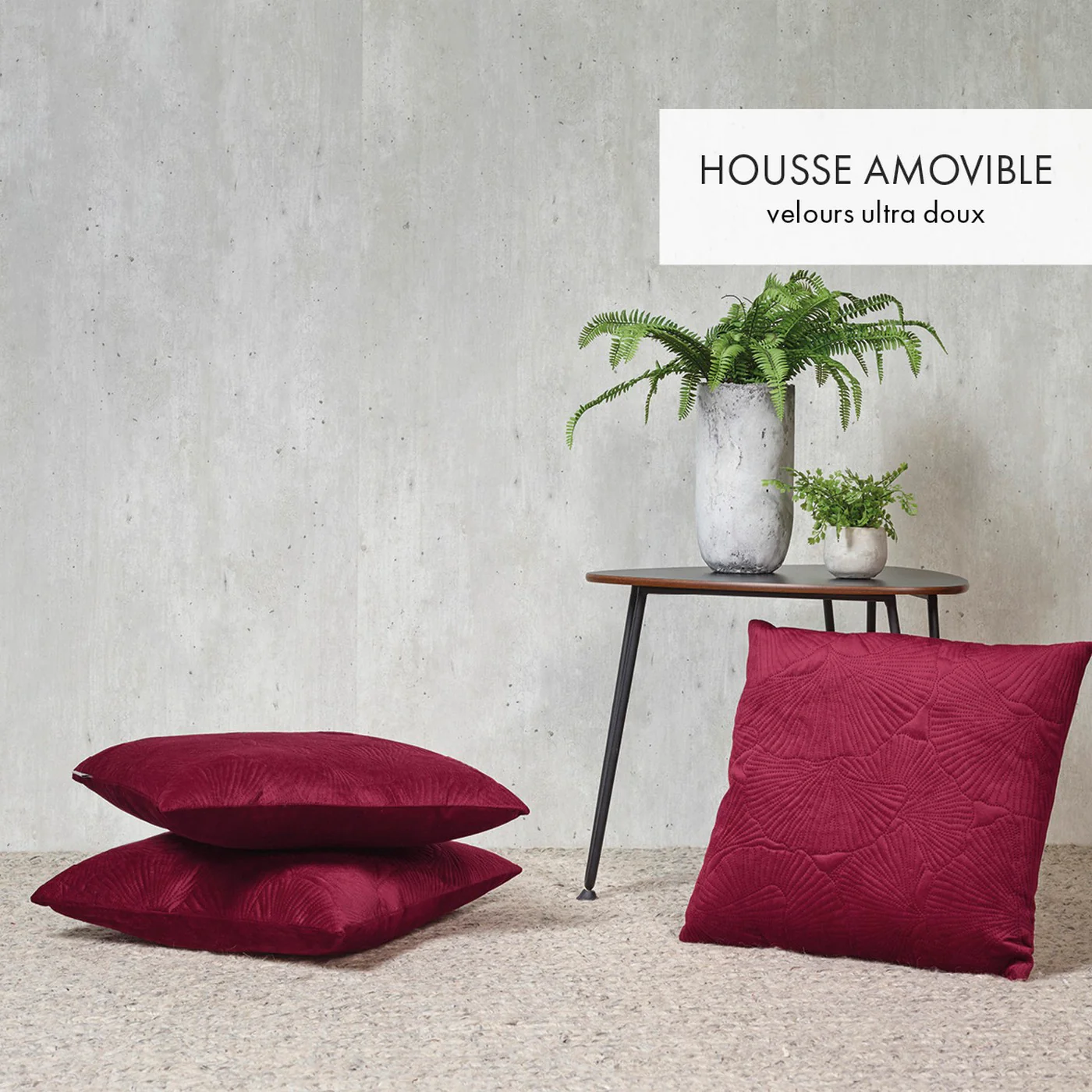 Housse De Coussin Fleur Ciselé - Bordeaux - Uni - Image 2