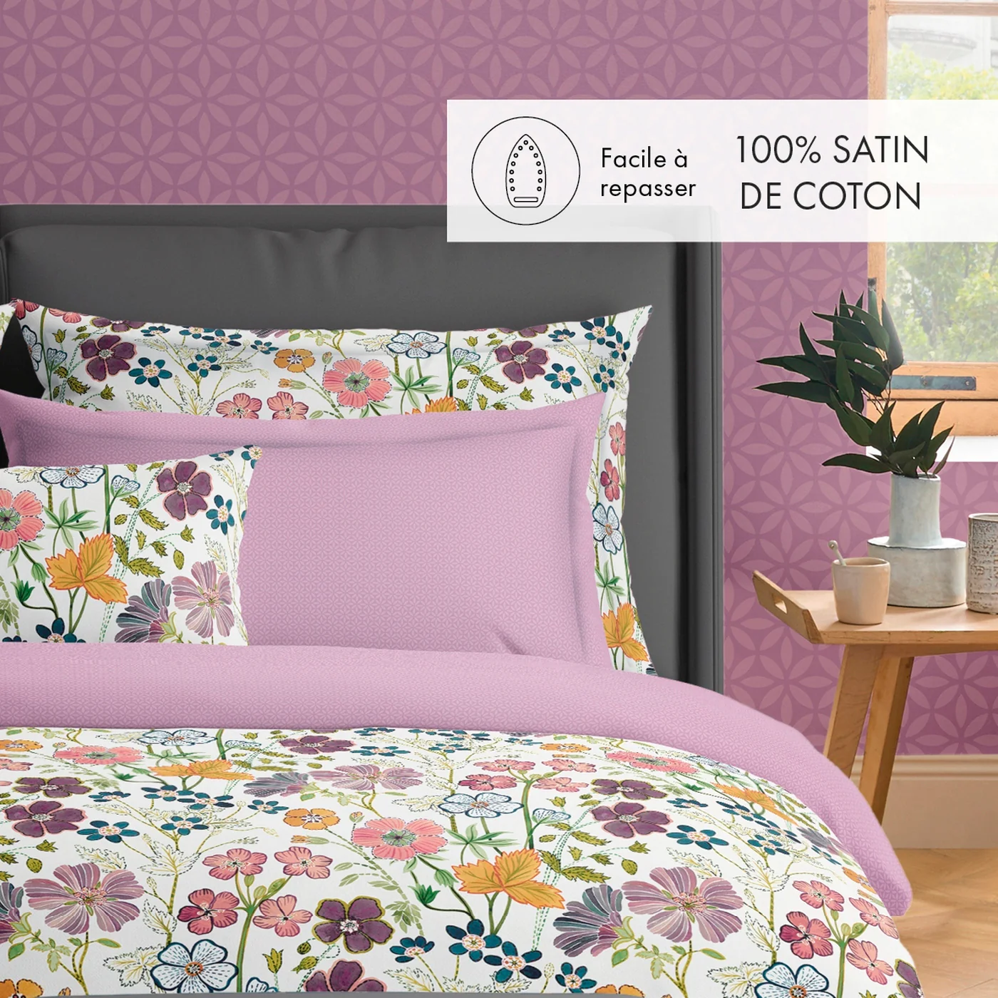 Set De 2 Taies D'Oreiller Satin De Coton - Blanc - Fleurs Vintage - Image 3