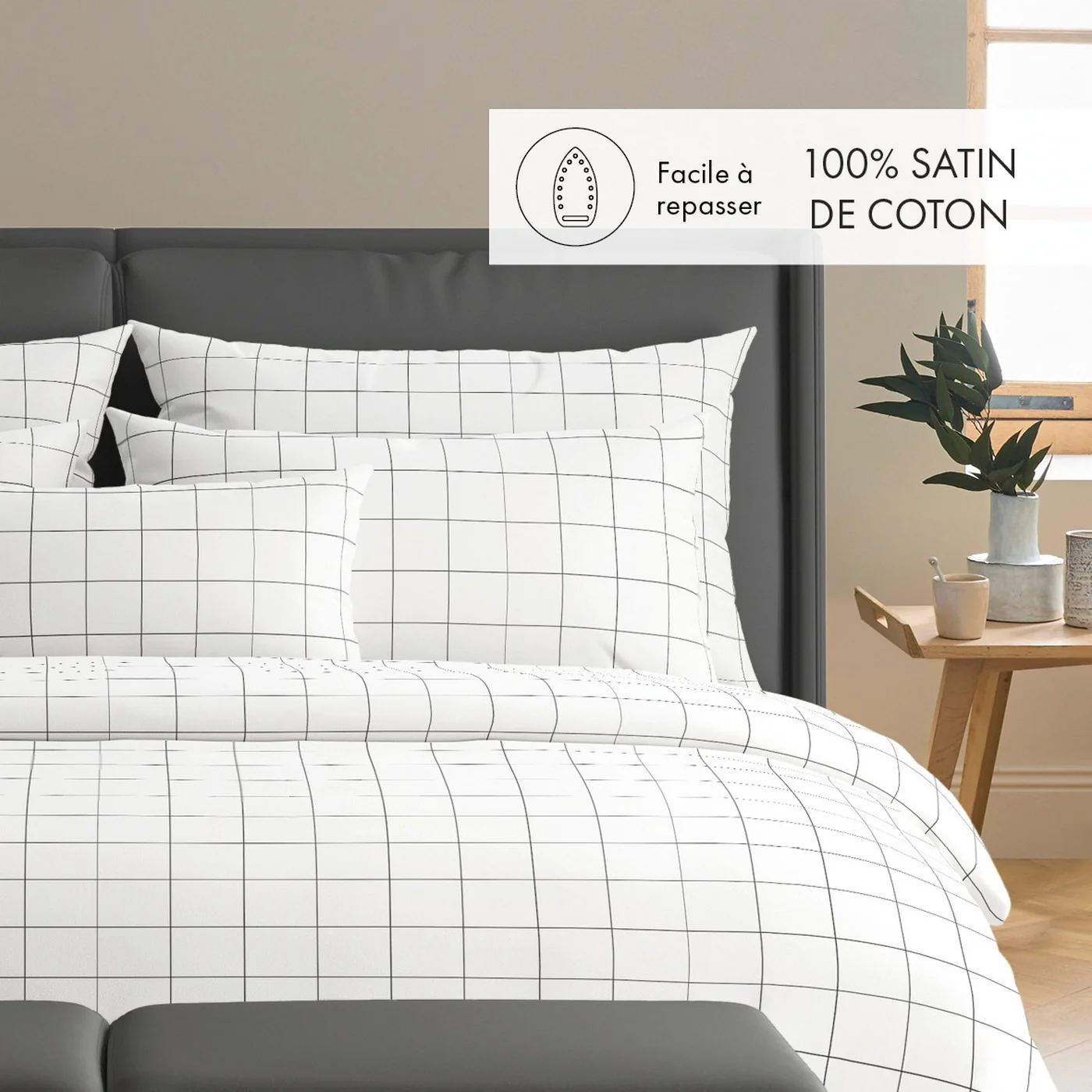 Set De 2 Taies D'Oreiller Satin De Coton - Blanc - Grands Carreaux - Image 2