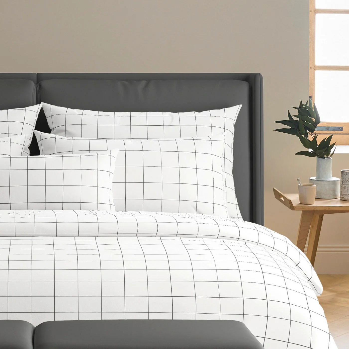 Set De 2 Taies D'Oreiller Satin De Coton - Blanc - Grands Carreaux - Image 4