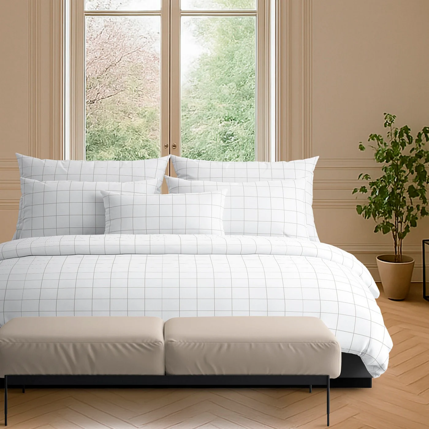 Set De 2 Taies D'Oreiller Satin De Coton - Blanc / Taupe - Grands Carreaux - Image 2