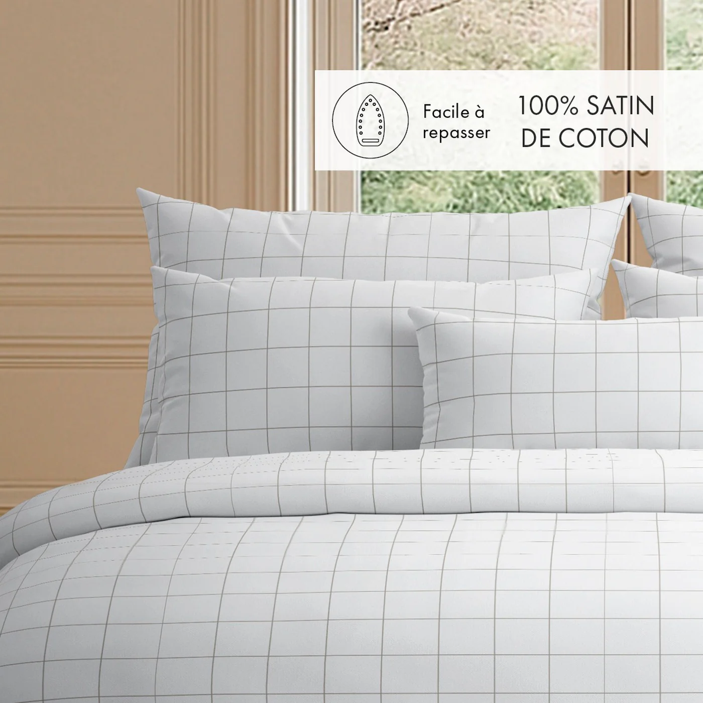 Set De 2 Taies D'Oreiller Satin De Coton - Blanc / Taupe - Grands Carreaux - Image 3