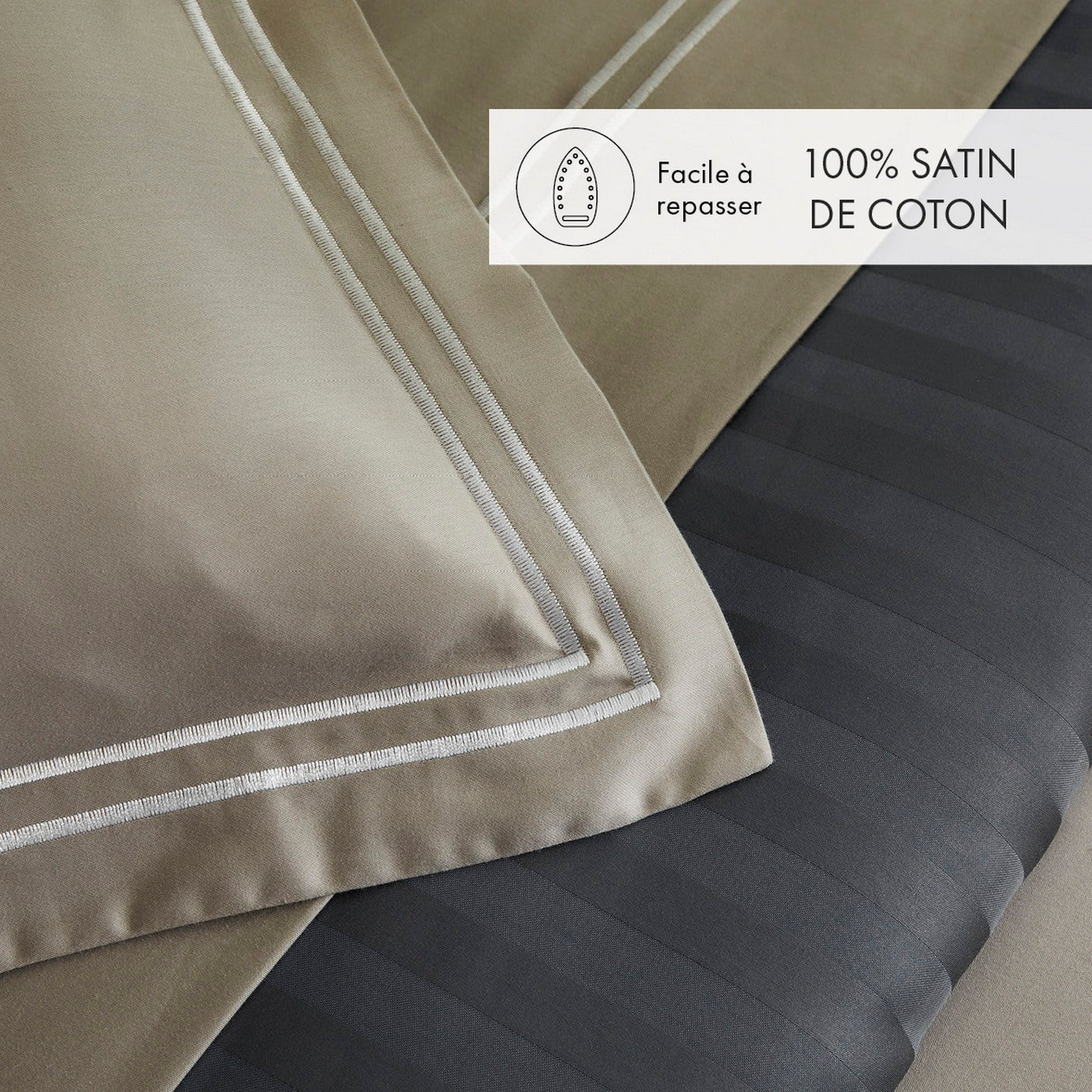 Set De 2 Taies D'Oreiller Satin De Coton - Blanc / Taupe - Nice - Image 3