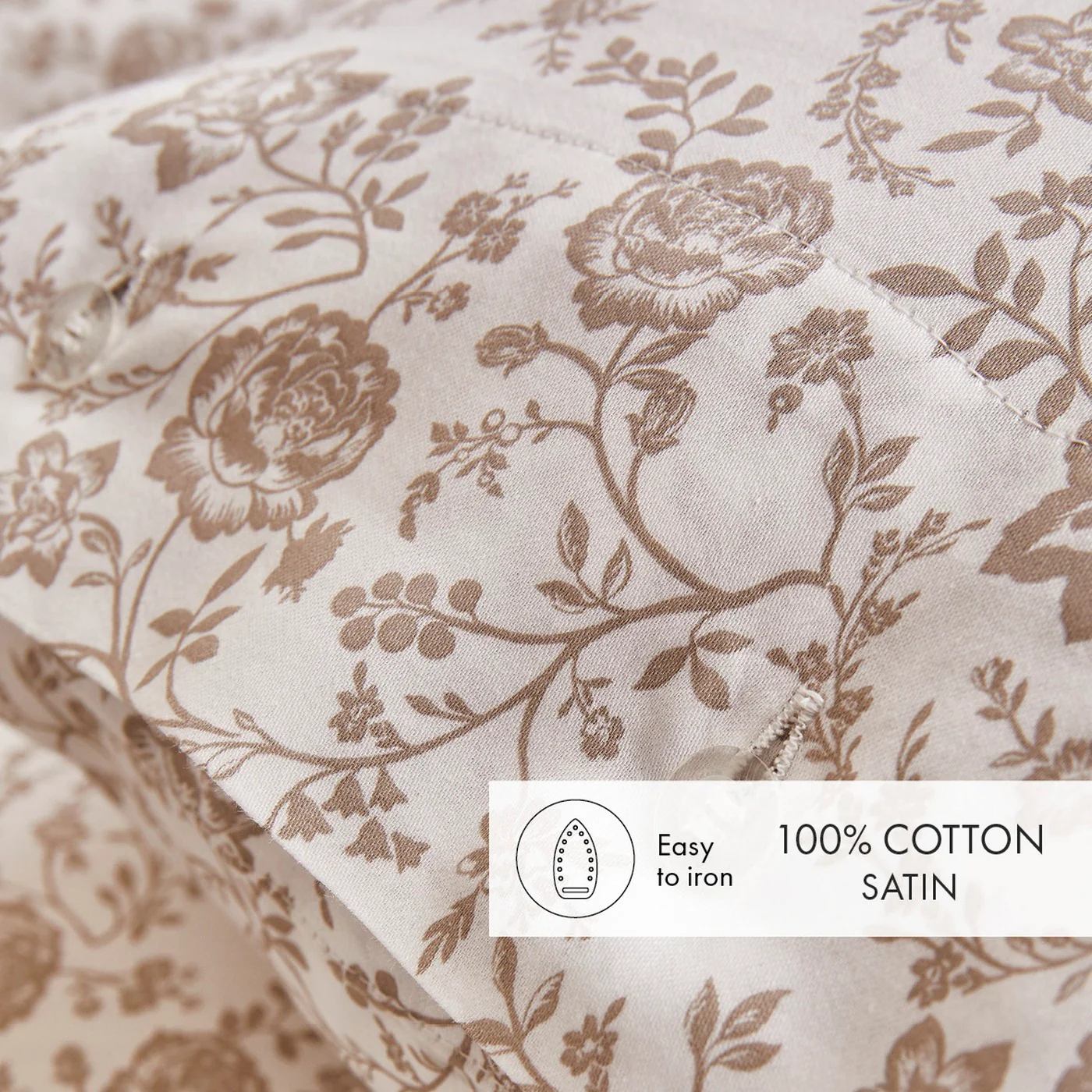 Set De 2 Taies D'Oreiller Satin De Coton - Blanc / Taupe - Parterre De Roses - Image 4