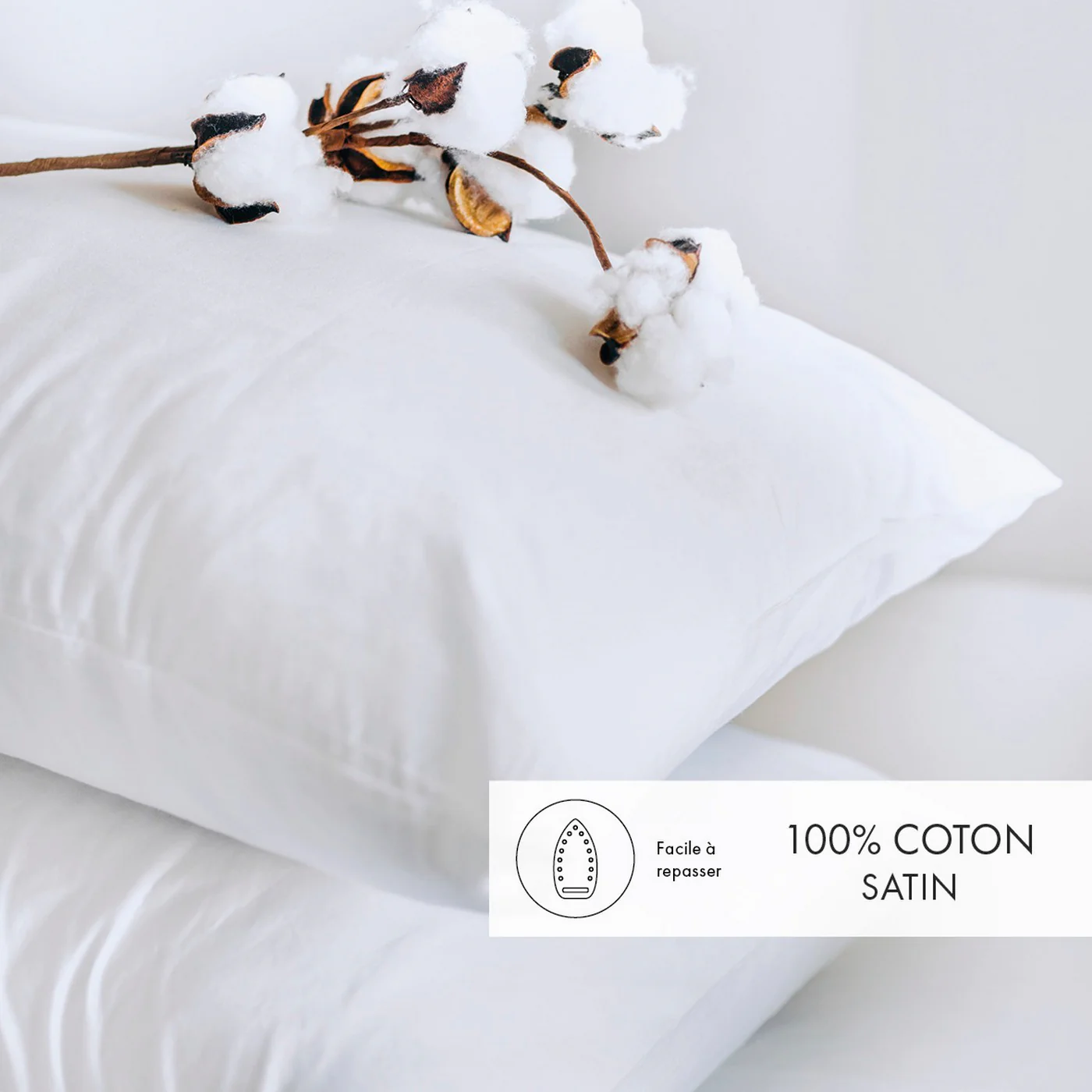 Set De 2 Taies D'Oreiller Satin De Coton - Blanc - Uni - Image 2