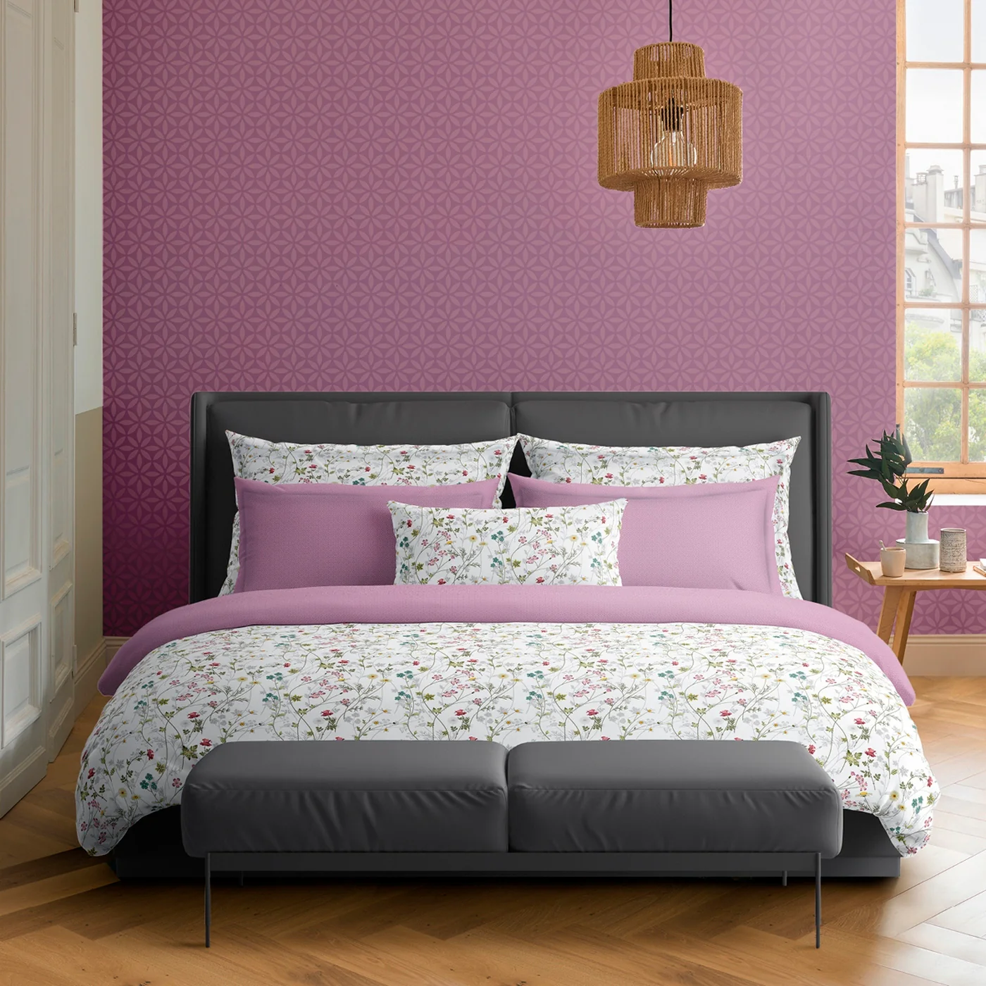 Set De 2 Taies D'Oreiller Satin De Coton - Blanc / Violet - Fleurs Sauvages - Image 3
