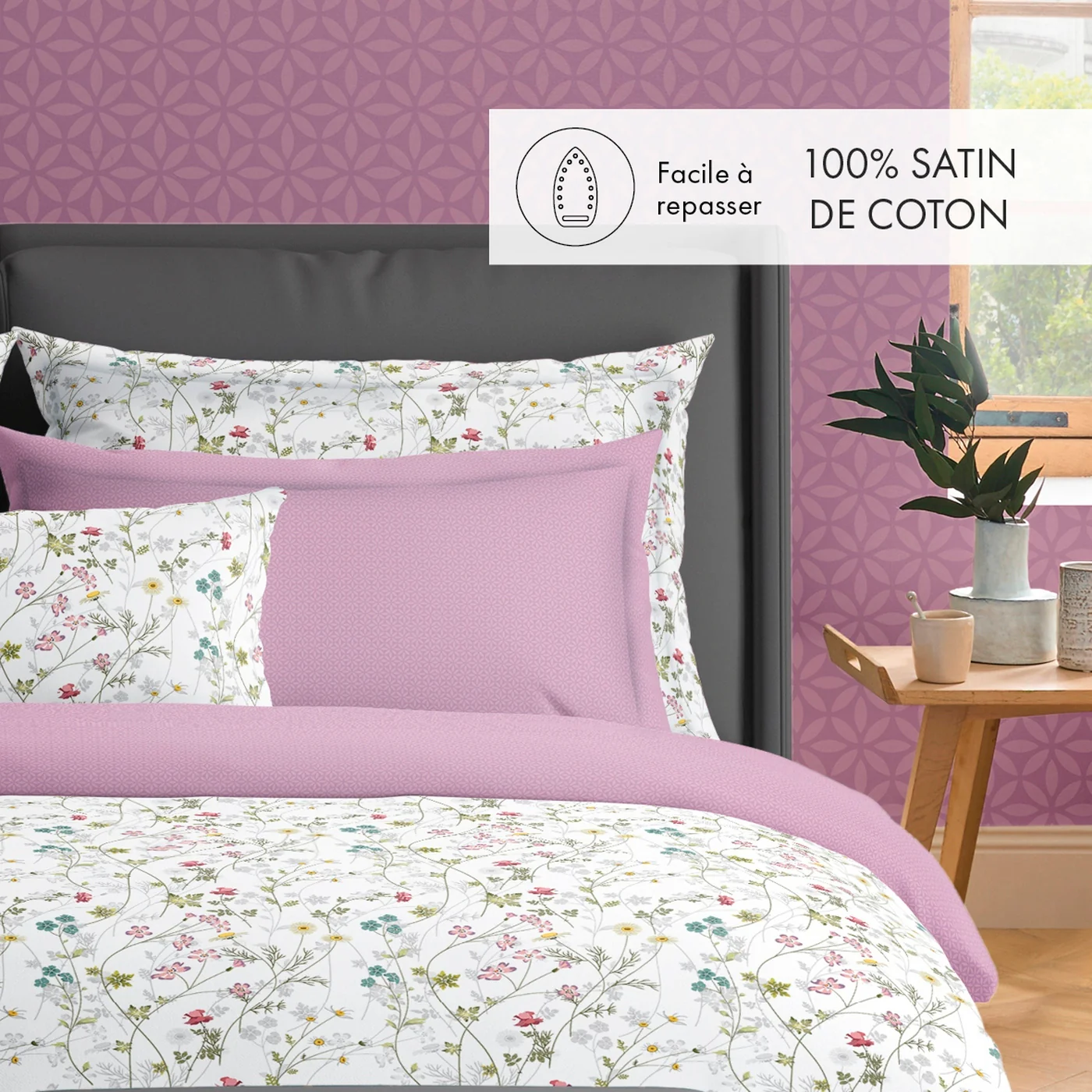 Set De 2 Taies D'Oreiller Satin De Coton - Blanc / Violet - Fleurs Sauvages - Image 4