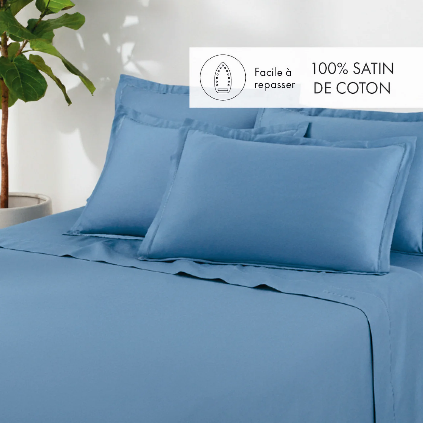 Set De 2 Taies D'Oreiller Satin De Coton - Bleu 05 - Uni 1 Baratta - Image 2