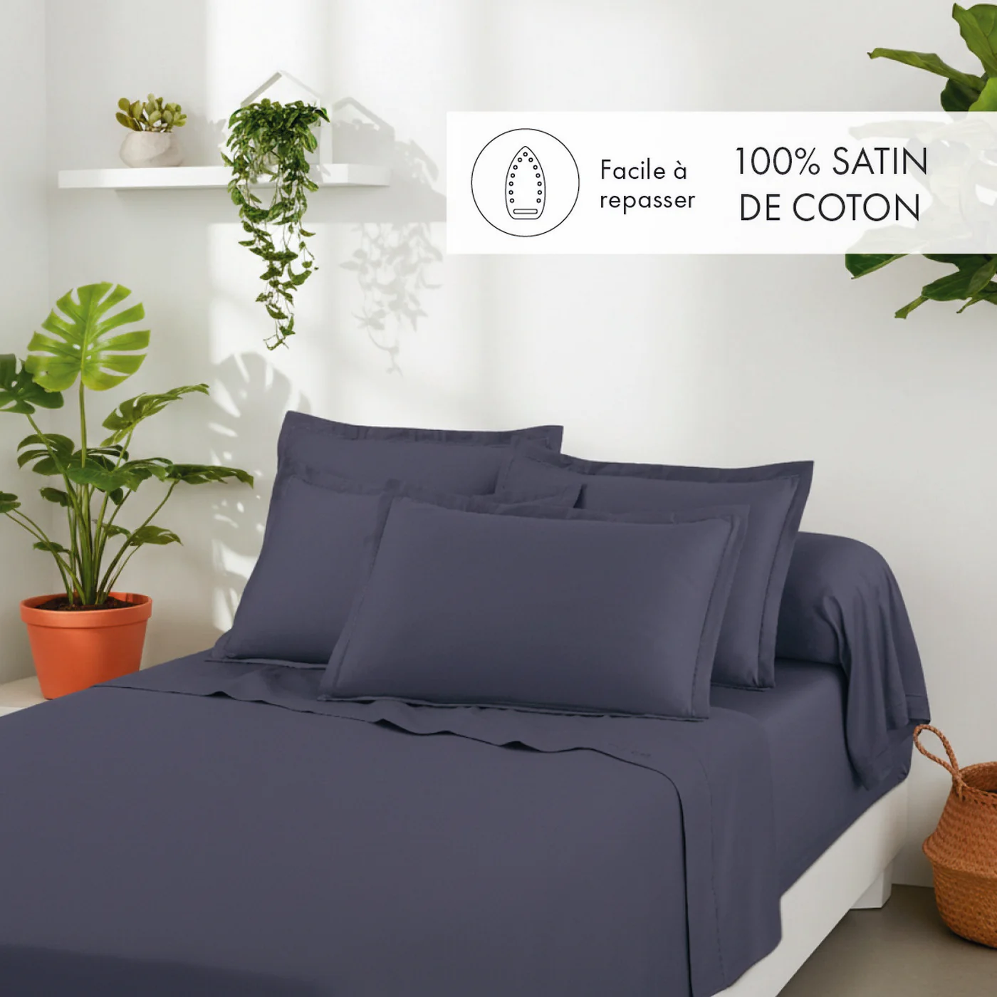 Set De 2 Taies D'Oreiller Satin De Coton - Bleu 06 - Uni 1 Baratta - Image 2