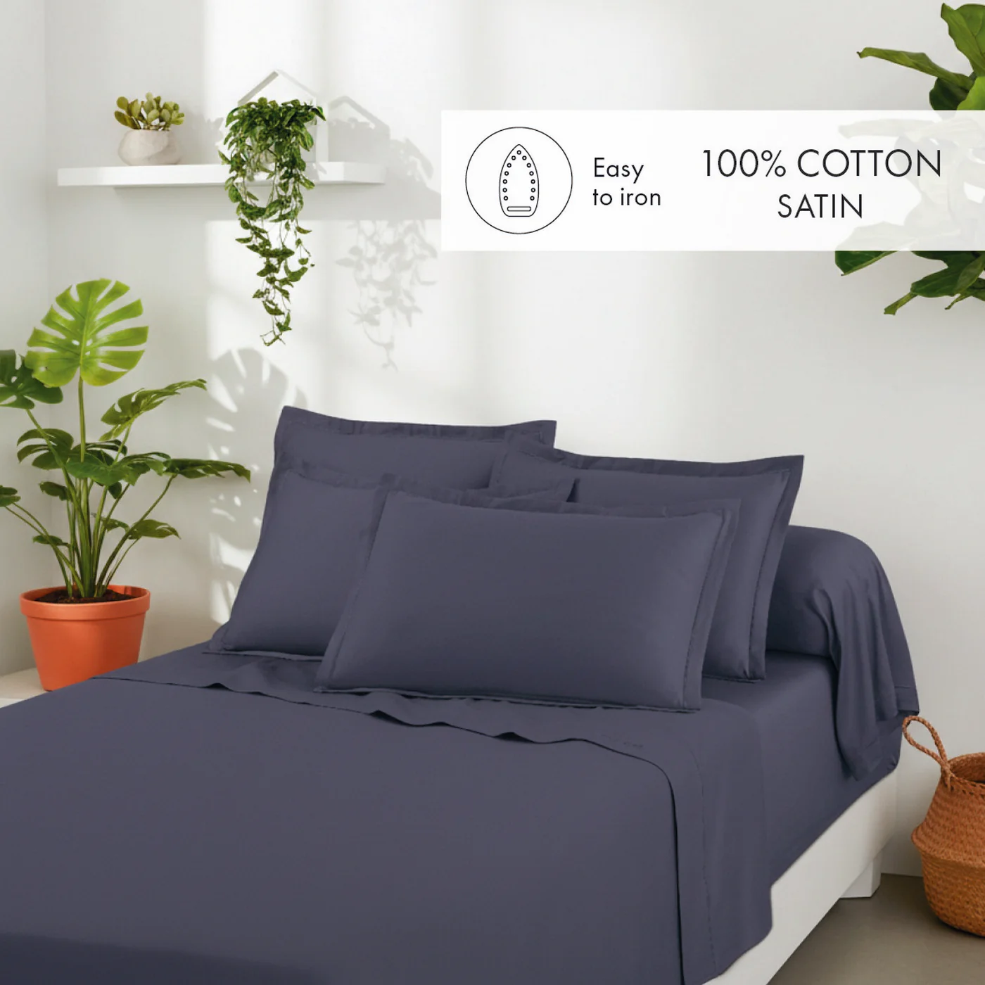 Set De 2 Taies D'Oreiller Satin De Coton - Bleu 06 - Uni 1 Baratta - Image 3