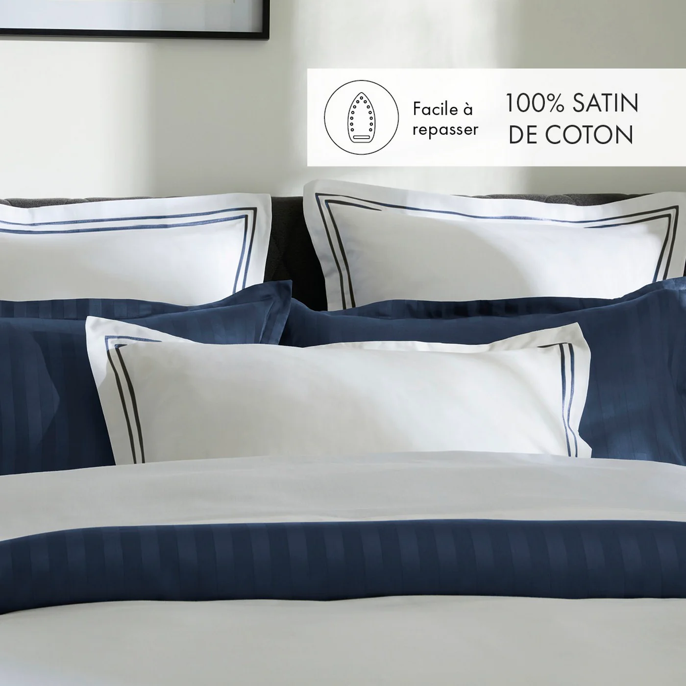 Set De 2 Taies D'Oreiller Satin De Coton - Bleu Foncé / Blanc - Nice - Image 3