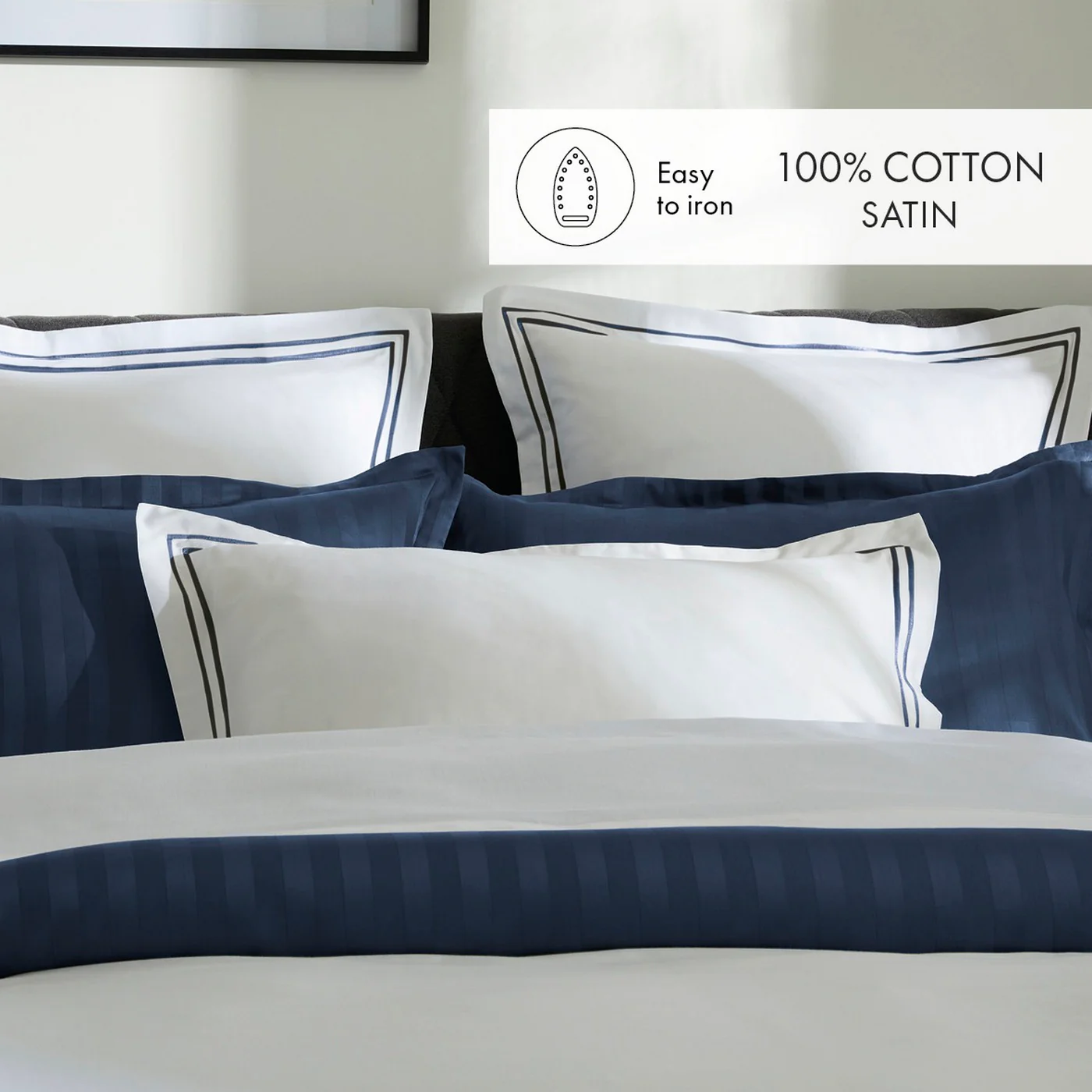 Set De 2 Taies D'Oreiller Satin De Coton - Bleu Foncé / Blanc - Nice - Image 4