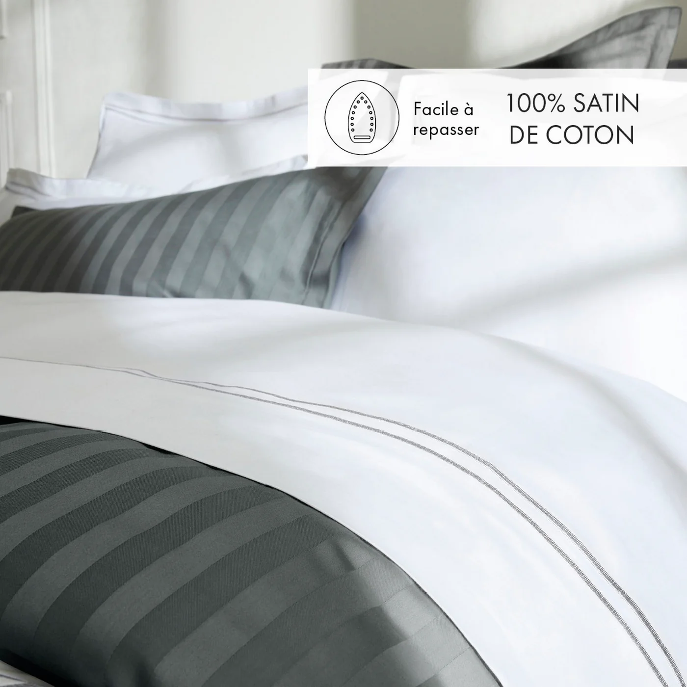 Set De 2 Taies D'Oreiller Satin De Coton - Gris / Blanc - Nice - Image 2
