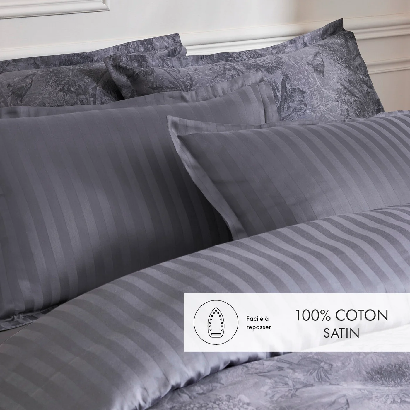 Set De 2 Taies D'Oreiller Satin De Coton - Gris Foncé - Toile Fleurie - Image 3