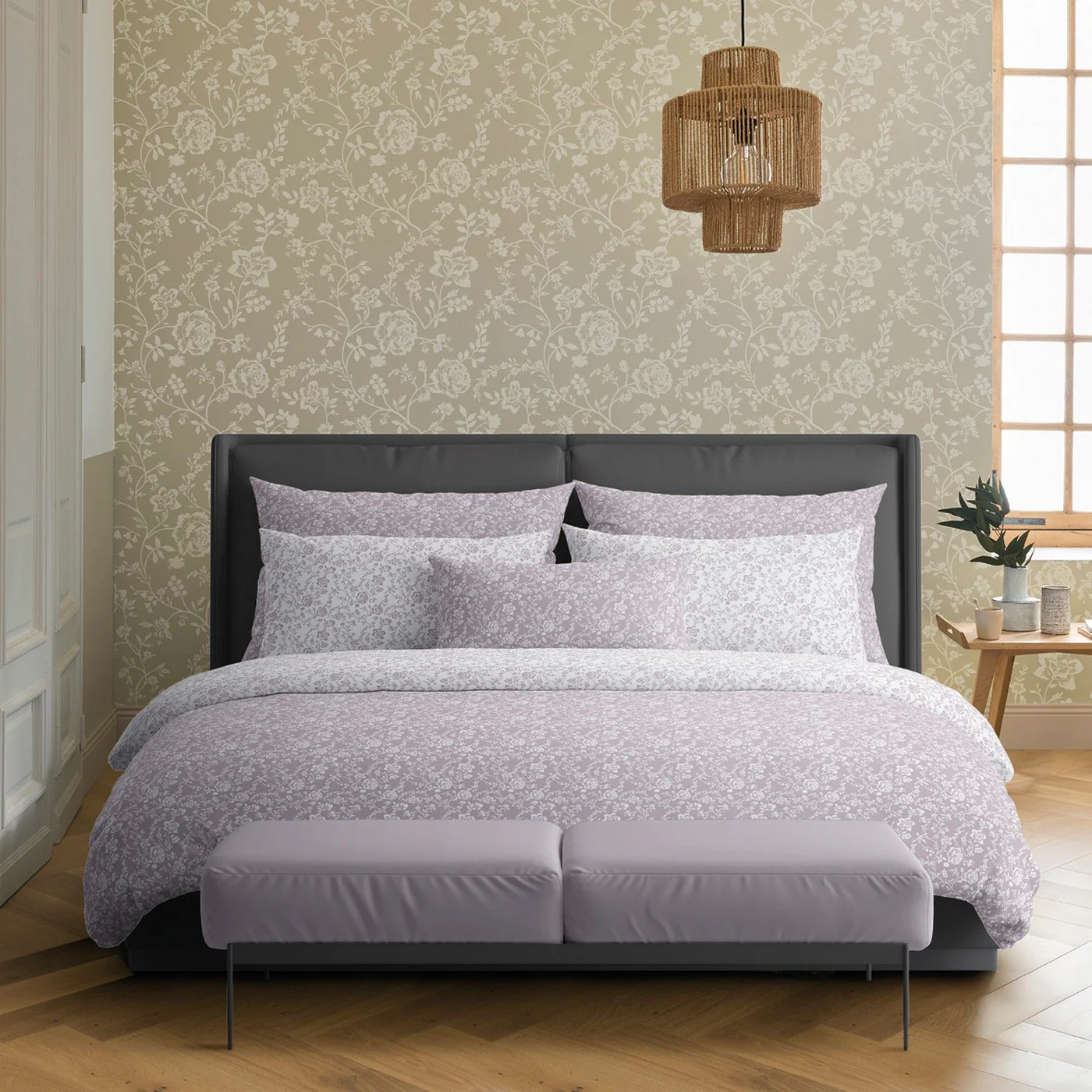 Set De 2 Taies D'Oreiller Satin De Coton - Lavande - Parterre De Roses - Image 2