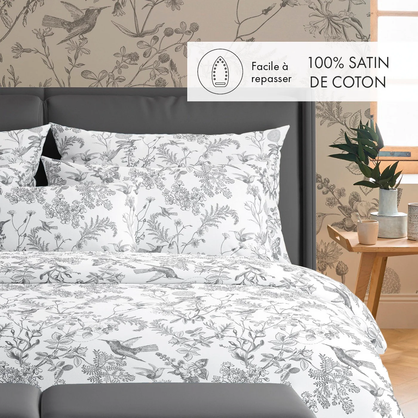 Set De 2 Taies D'Oreiller Satin De Coton - Noir Gris - Colibri Botanique - Image 2