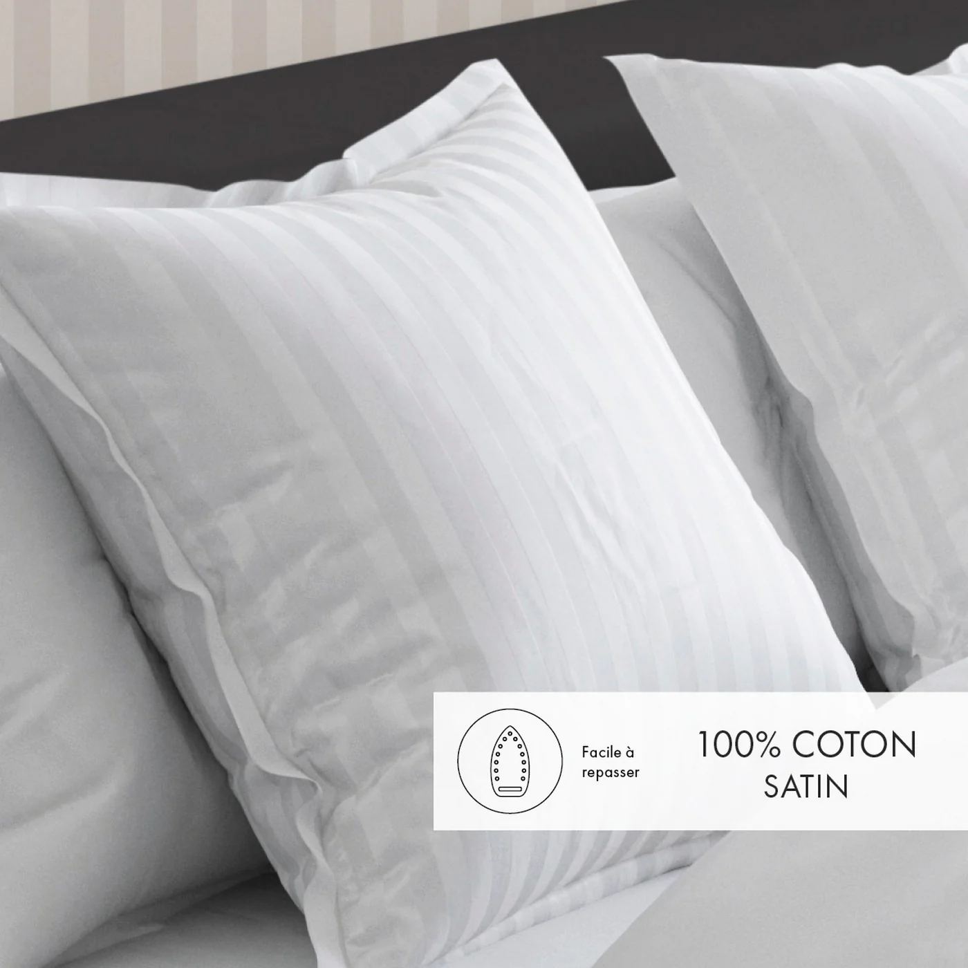Set De 2 Taies D'Oreiller Satin De Coton Rayure Tissé Dobby - Blanc - Dobby Stripe Woven - Image 3