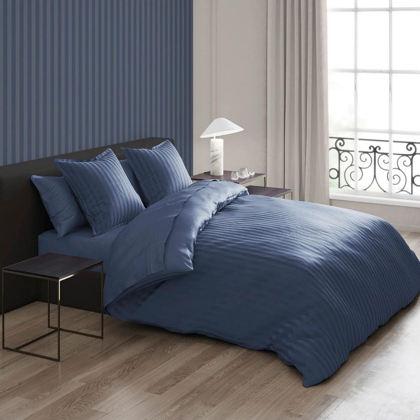 Set De 2 Taies D'Oreiller Satin De Coton Rayure Tissé Dobby - Bleu - Dobby Stripe Woven - Image 2