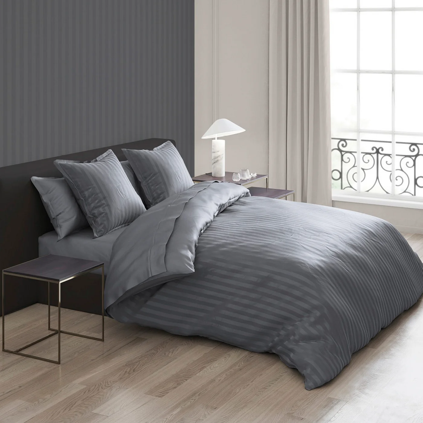 Set De 2 Taies D'Oreiller Satin De Coton Rayure Tissé Dobby - Gris Foncé - Dobby Stripe Woven - Image 2