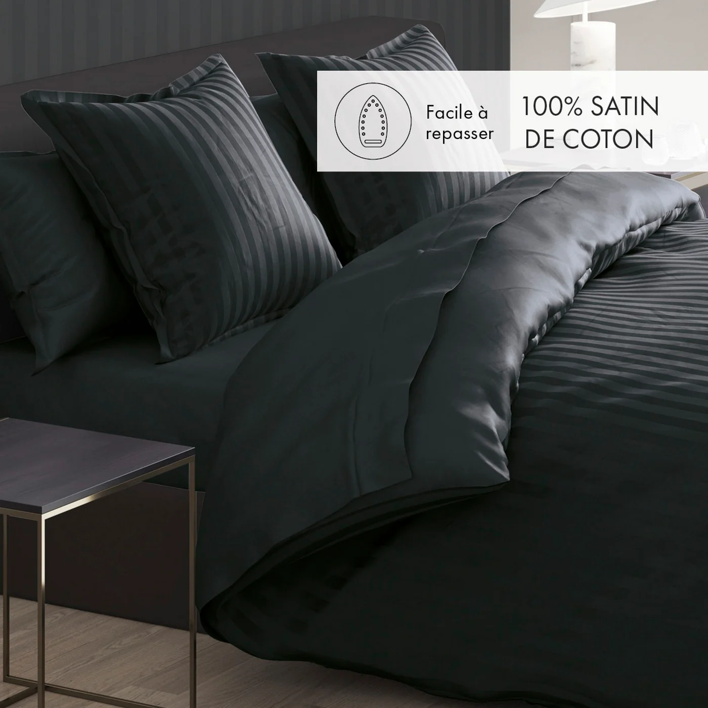 Set De 2 Taies D'Oreiller Satin De Coton Rayure Tissé Dobby - Noir - Dobby Stripe Woven - Image 2