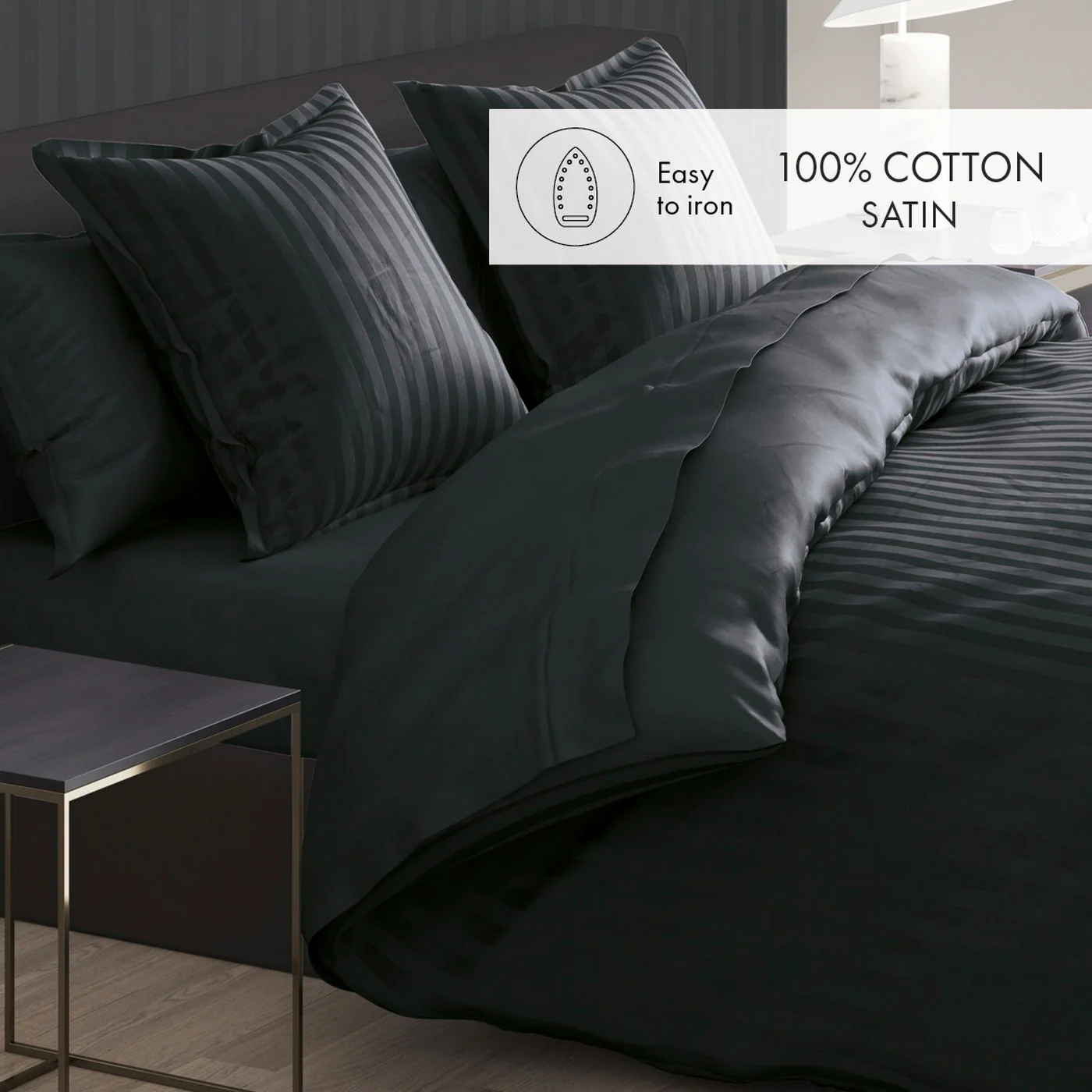 Set De 2 Taies D'Oreiller Satin De Coton Rayure Tissé Dobby - Noir - Dobby Stripe Woven - Image 3
