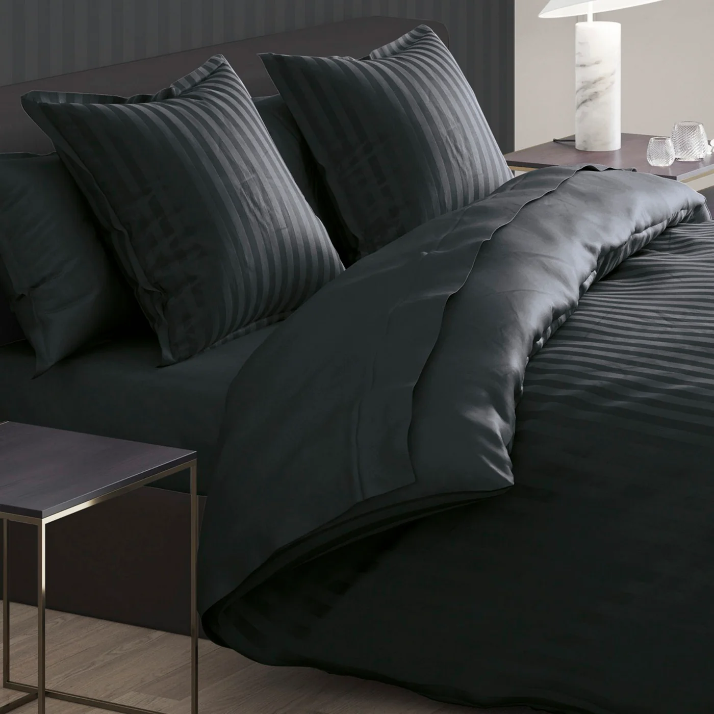 Set De 2 Taies D'Oreiller Satin De Coton Rayure Tissé Dobby - Noir - Dobby Stripe Woven - Image 4