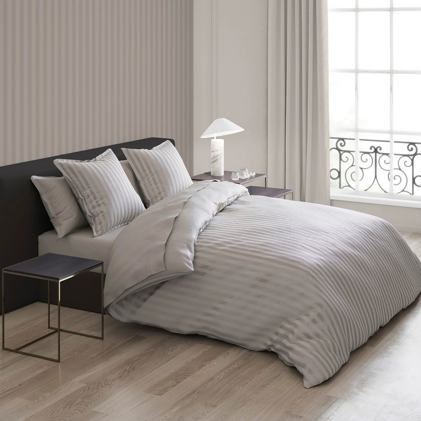 Set De 2 Taies D'Oreiller Satin De Coton Rayure Tissé Dobby - Taupe - Dobby Stripe Woven - Image 2