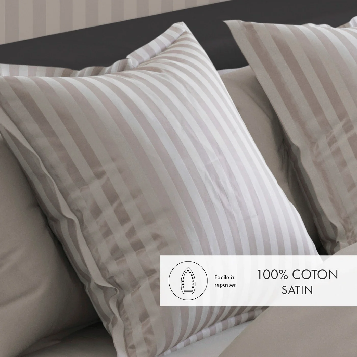Set De 2 Taies D'Oreiller Satin De Coton Rayure Tissé Dobby - Taupe - Dobby Stripe Woven - Image 3