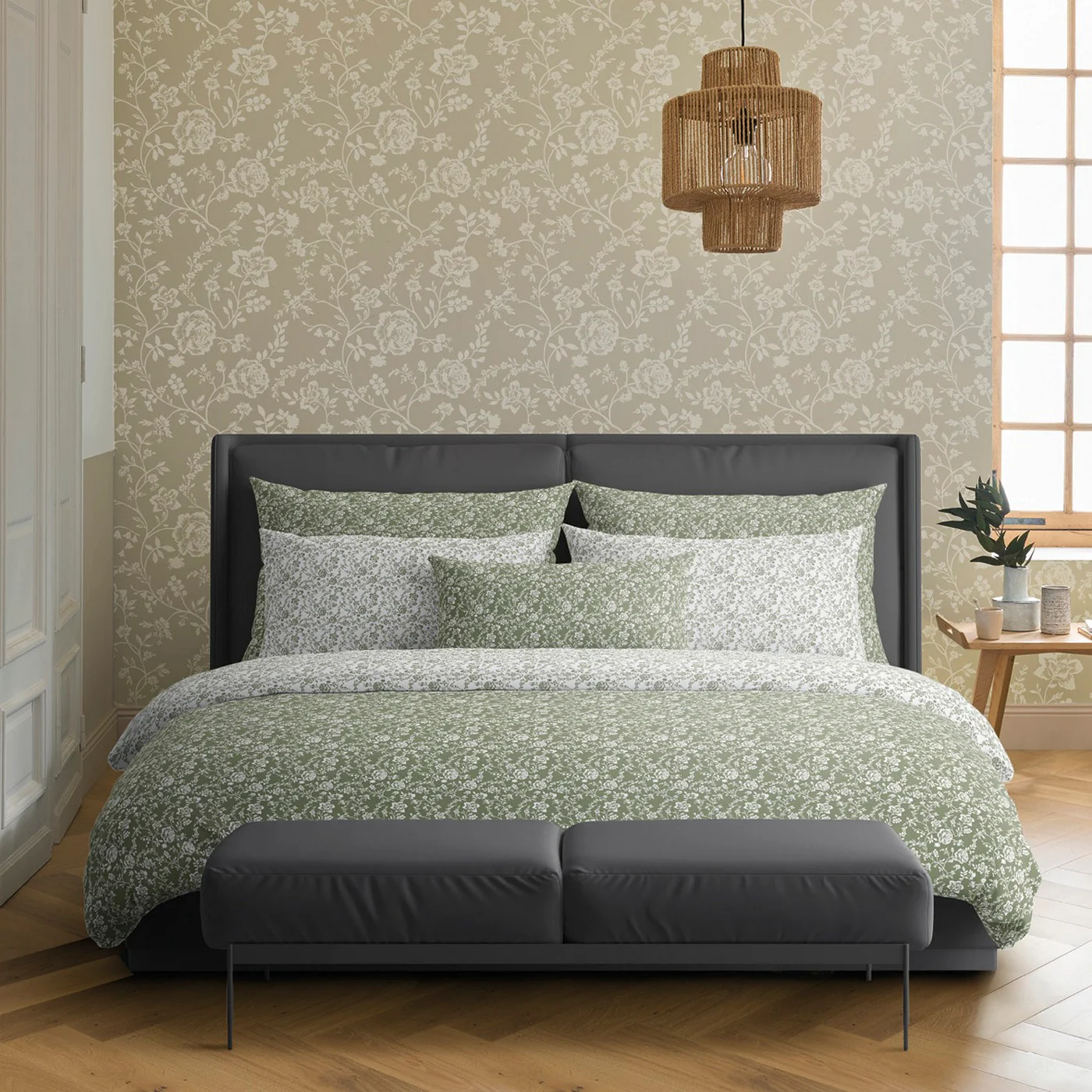 Set De 2 Taies D'Oreiller Satin De Coton - Vert - Parterre De Roses - Image 2