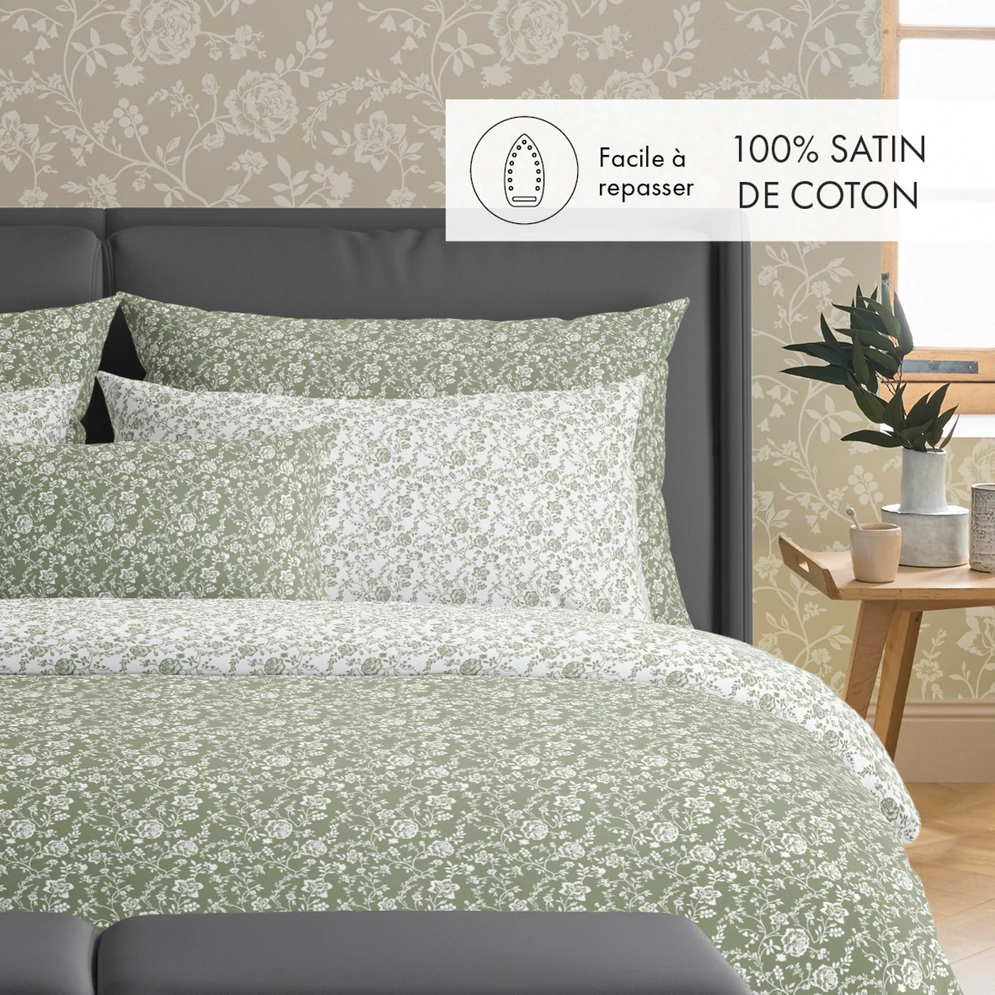 Set De 2 Taies D'Oreiller Satin De Coton - Vert - Parterre De Roses - Image 3