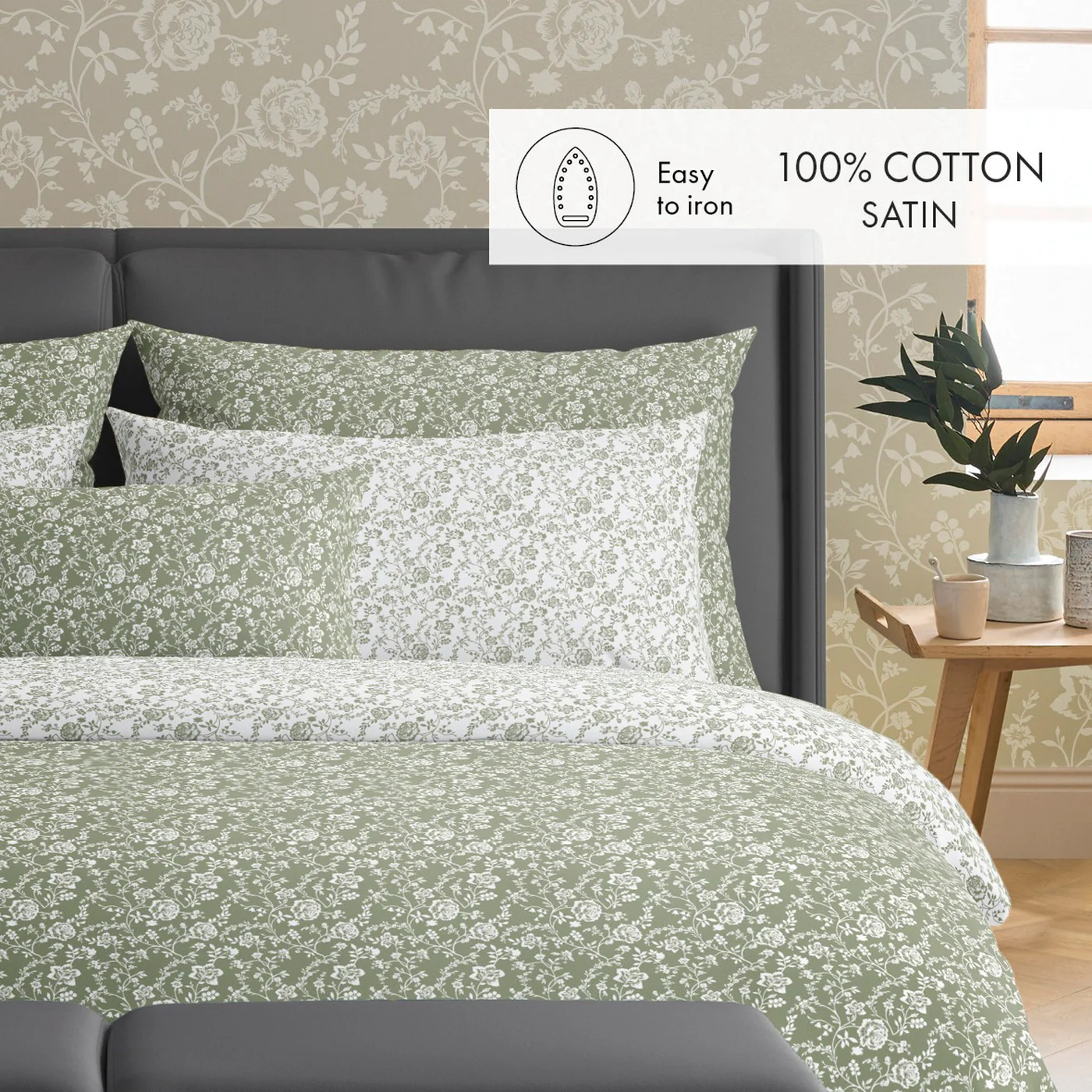 Set De 2 Taies D'Oreiller Satin De Coton - Vert - Parterre De Roses - Image 4