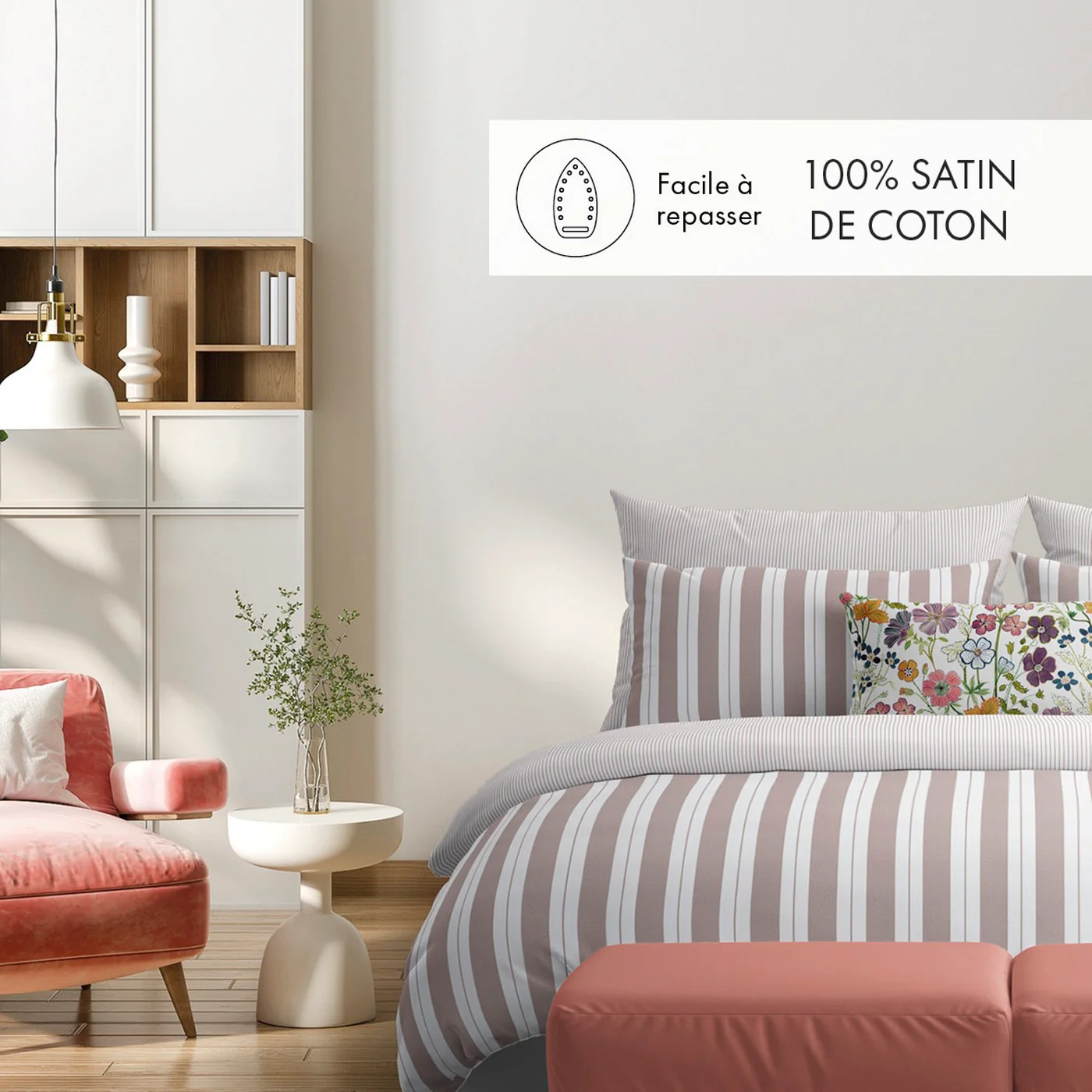 Set De 2 Taies D'Oreiller Satin De Coton - Vieux Rose - Fines Rayures - Image 4