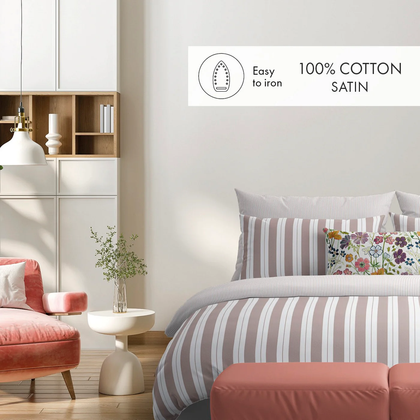 Set De 2 Taies D'Oreiller Satin De Coton - Vieux Rose - Fines Rayures - Image 5