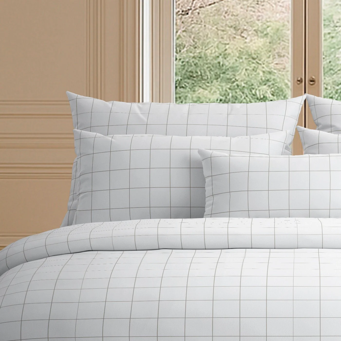 Taie De Traversin Satin De Coton - Blanc / Taupe - Grands Carreaux - Image 4