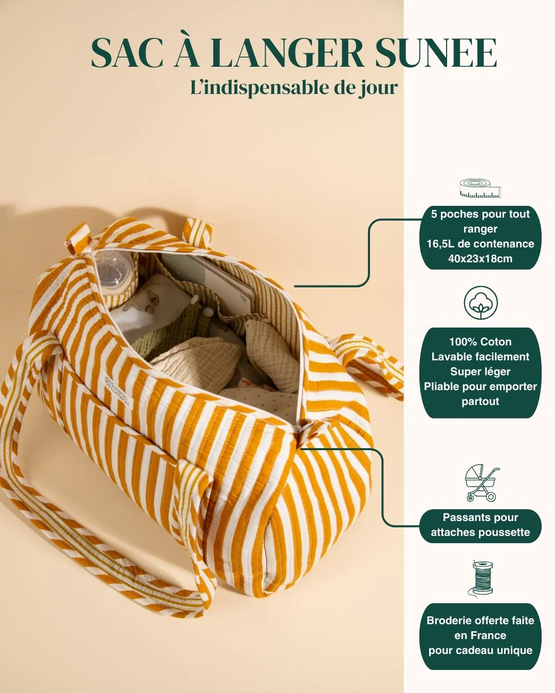 Sac À Langer Ou De Journée Sunee - Rayé Mocha - Image 3