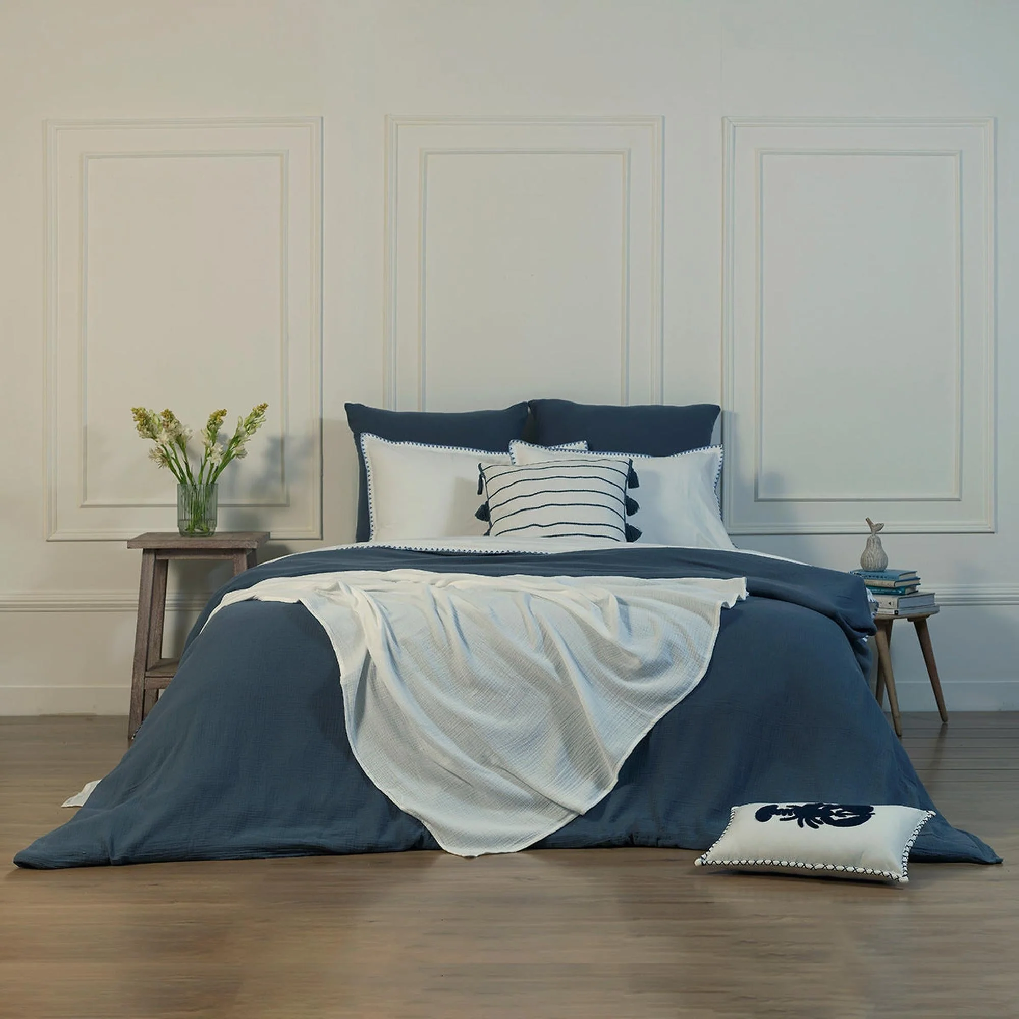 Taie D Oreiller X2 - Percale De Coton - Blanc / Bleu Denim - Zoé - Image 7