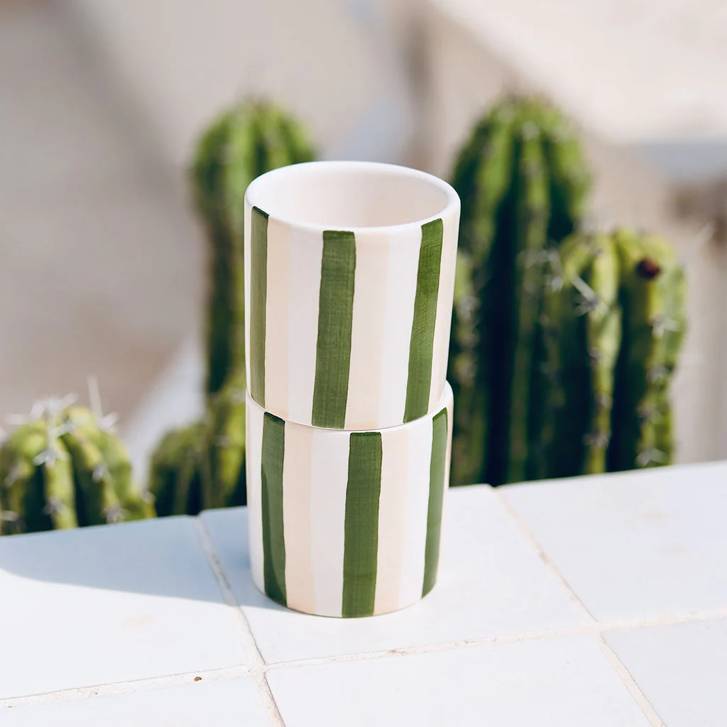 Lot de 2 Tasses À Espresso En Céramique - Rayures Vert/Beige - Image 2