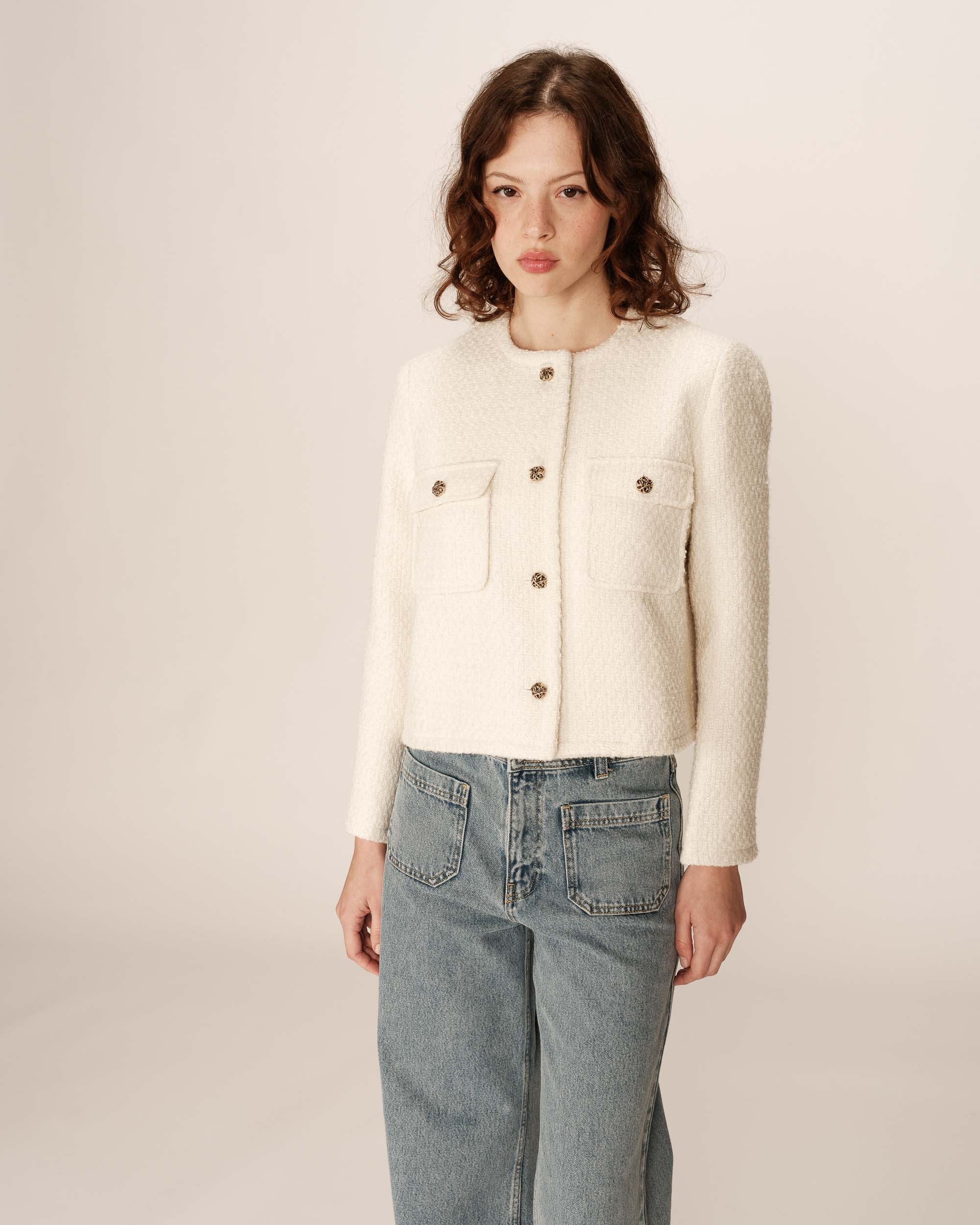 Veste Courte Sans Col Ecru Prune - Image 2