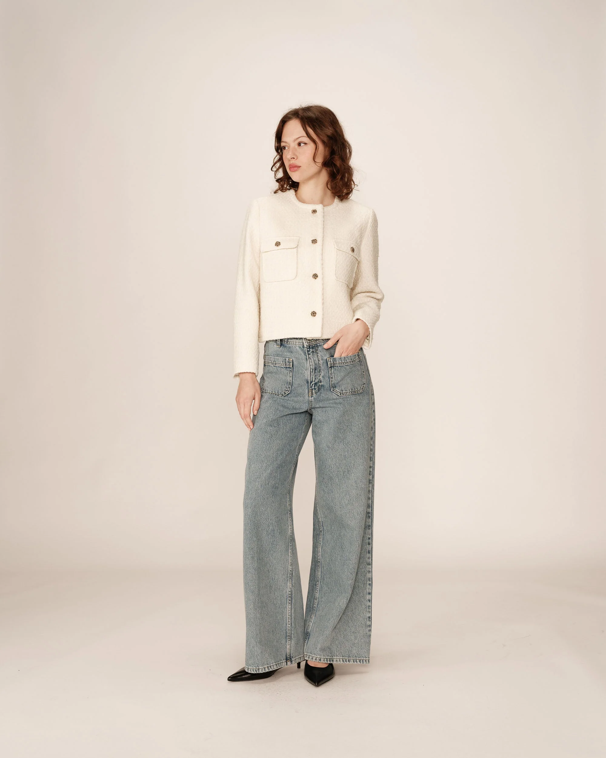 Veste Courte Sans Col Ecru Prune - Image 3