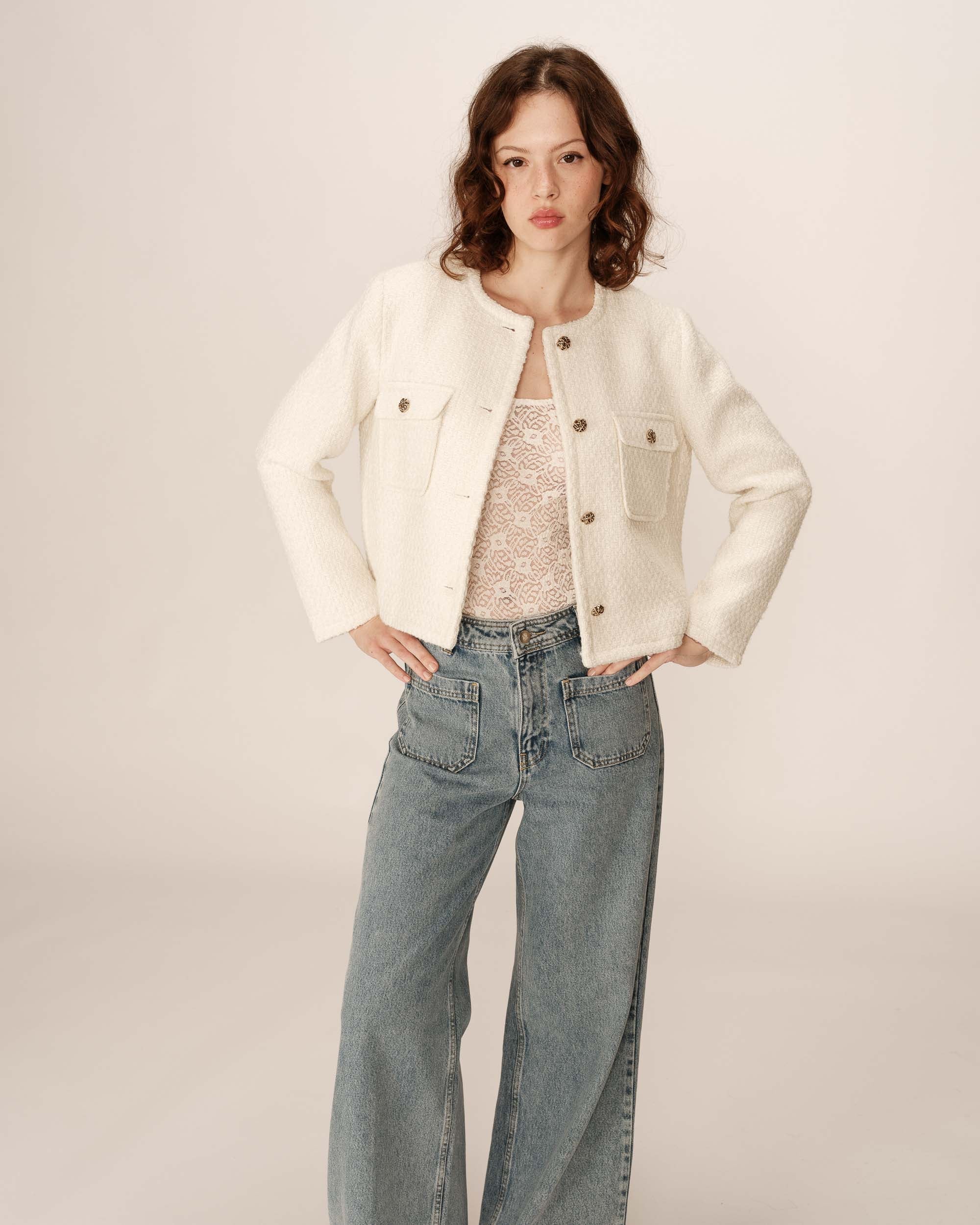 Veste Courte Sans Col Ecru Prune - Image 4