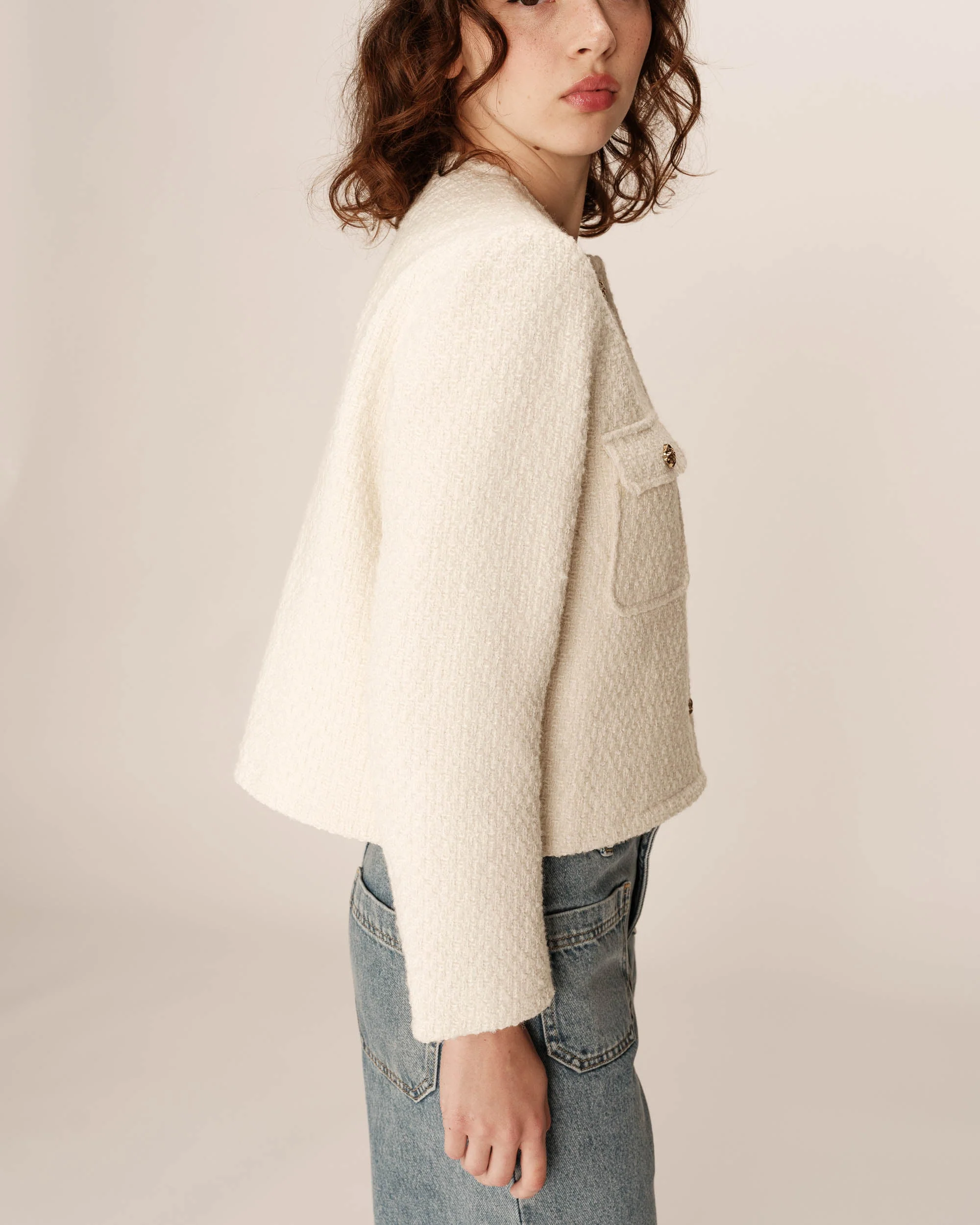 Veste Courte Sans Col Ecru Prune - Image 5