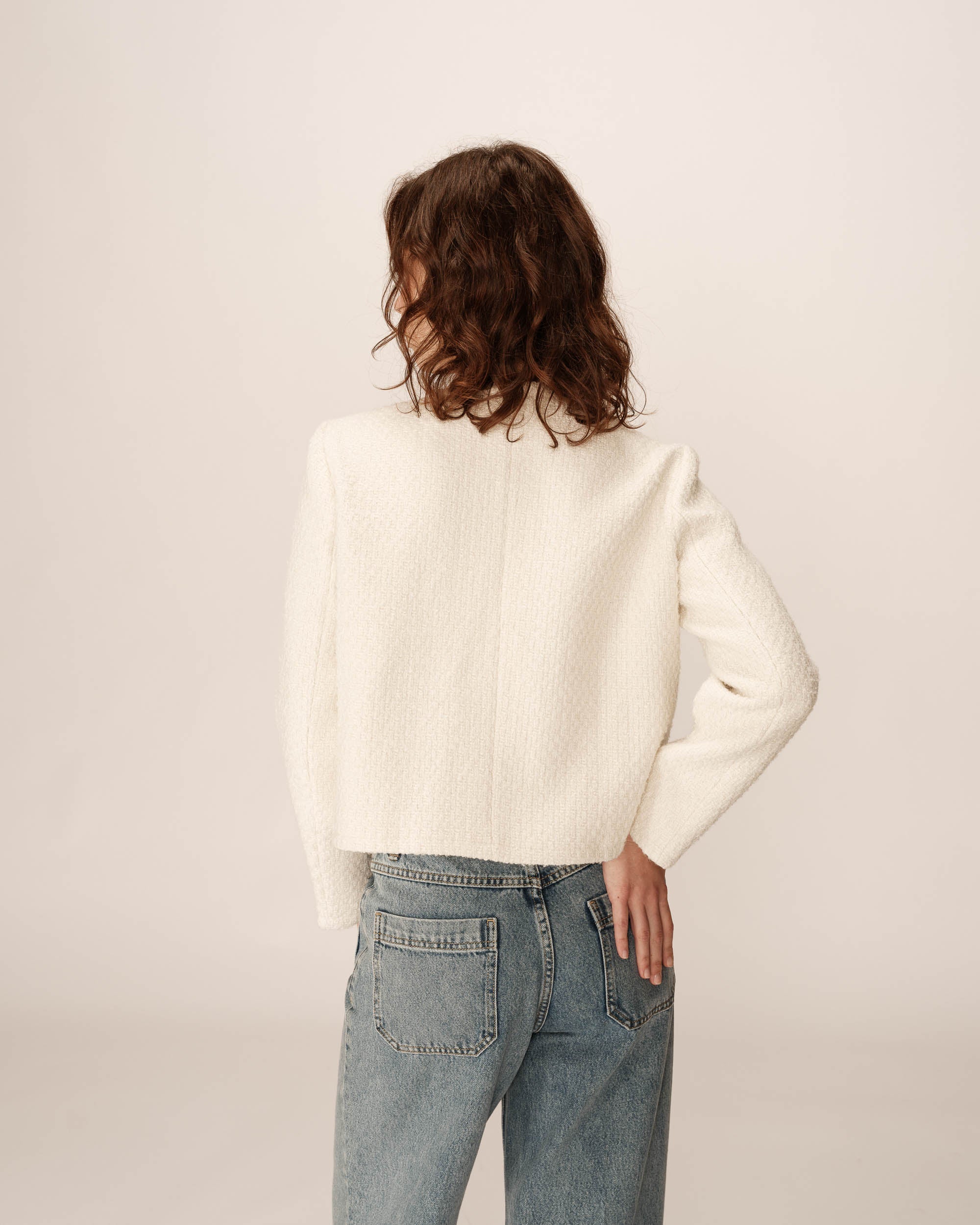 Veste Courte Sans Col Ecru Prune - Image 6