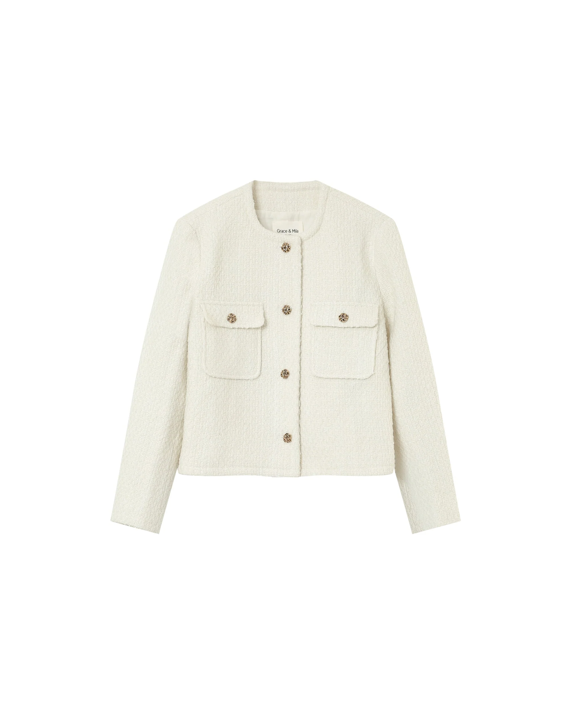 Veste Courte Sans Col Ecru Prune - Image 7