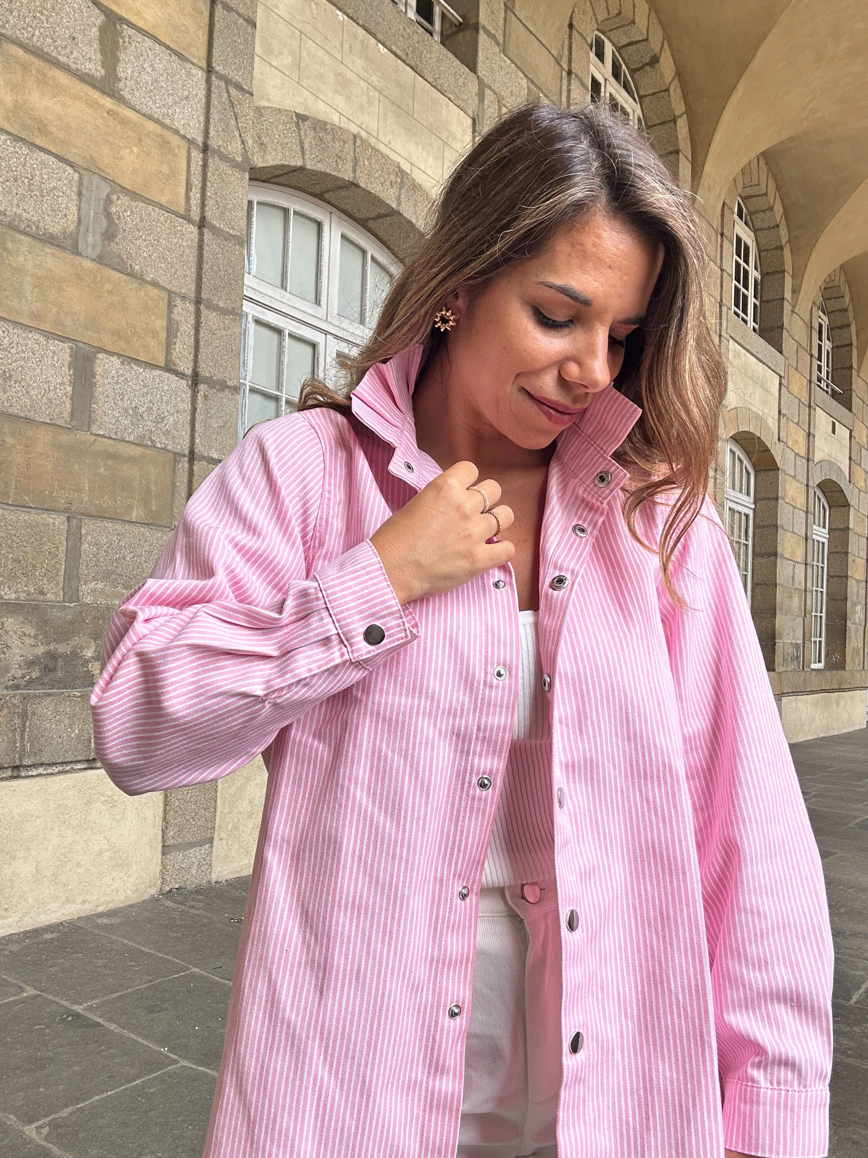 Veste En Jean Céleste À Rayures - Roses - Image 2